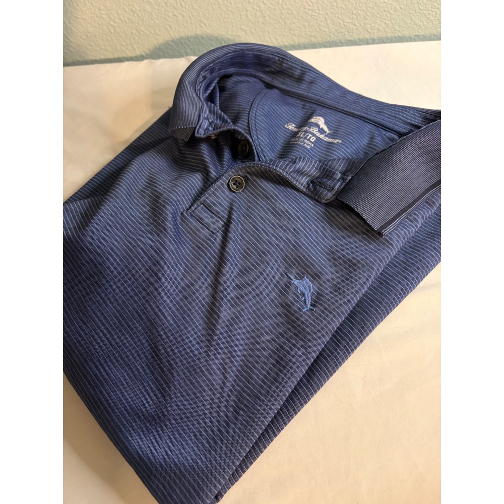 Tommy Bahama Mens XL Polo Shirt Blue Grey Micro Stripe Short Sleeve Casual Golf